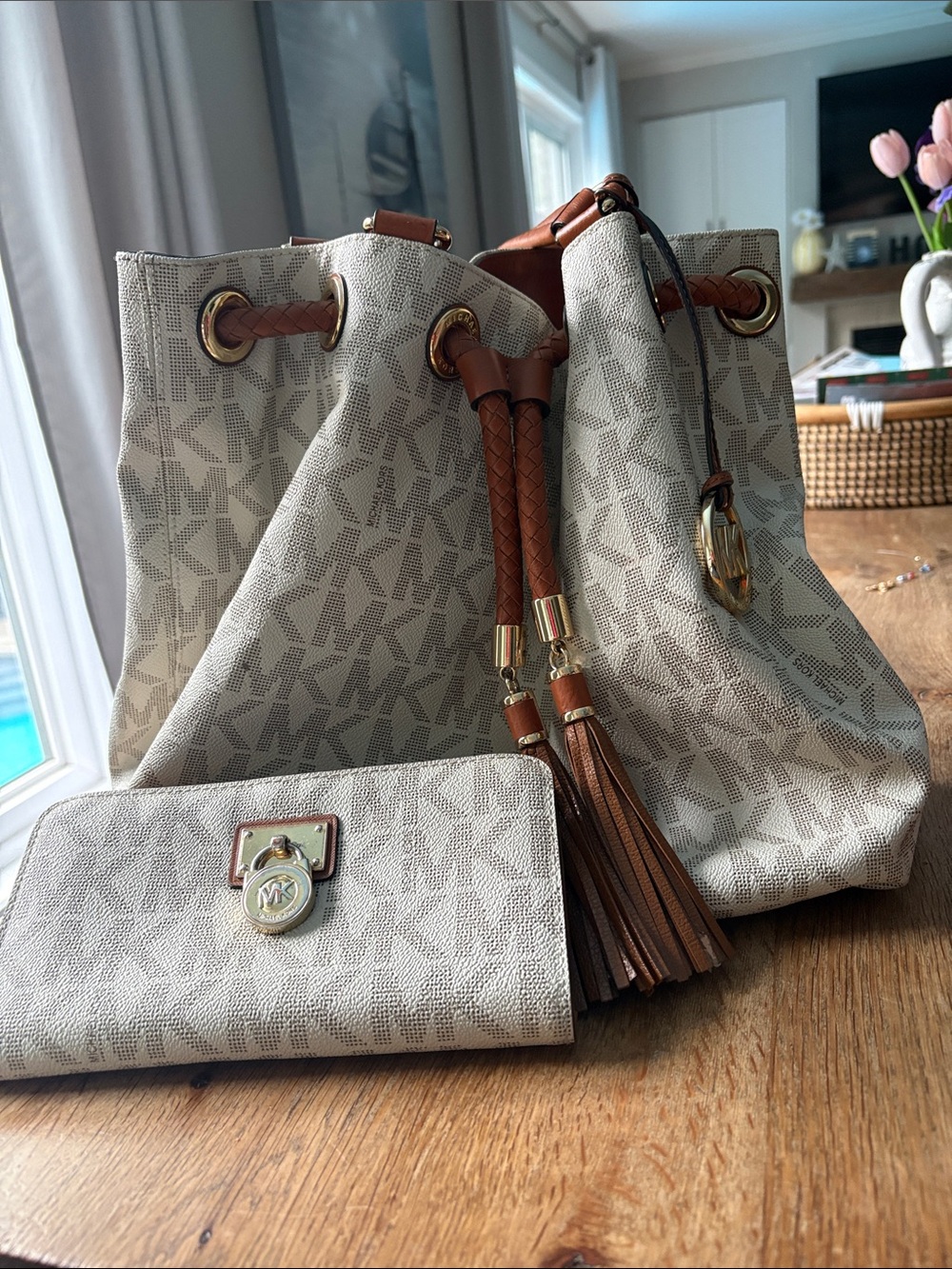 Michael Kors Cream Logo Drawstring Shoulder Bag with Brown Trim